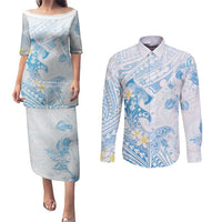 Polynesia Hammerhead Shark Couples Matching Puletasi and Long Sleeve Button Shirt Tropical Flowers Tribal Pattern Blue