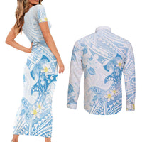 Polynesia Hammerhead Shark Couples Matching Short Sleeve Bodycon Dress and Long Sleeve Button Shirt Tropical Flowers Tribal Pattern Blue