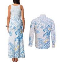 Polynesia Hammerhead Shark Couples Matching Tank Maxi Dress and Long Sleeve Button Shirt Tropical Flowers Tribal Pattern Blue