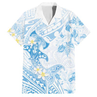 Polynesia Hammerhead Shark Family Matching Off Shoulder Short Dress and Hawaiian Shirt Tropical Flowers Tribal Pattern Blue