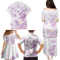 Polynesia Hammerhead Shark Family Matching Puletasi and Hawaiian Shirt Tropical Flowers Tribal Pattern Lavender