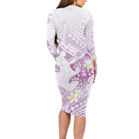 Polynesia Hammerhead Shark Long Sleeve Bodycon Dress Tropical Flowers Tribal Pattern Lavender