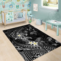 Polynesia Hammerhead Shark Area Rug Tropical Flowers Tribal Pattern Black
