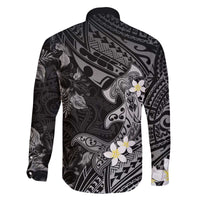 Polynesia Hammerhead Shark Family Matching Off The Shoulder Long Sleeve Dress and Hawaiian Shirt Tropical Flowers Tribal Pattern Black