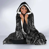 Polynesia Hammerhead Shark Hooded Blanket Tropical Flowers Tribal Pattern Black