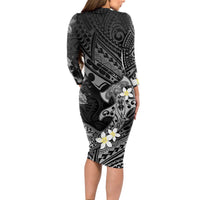 Polynesia Hammerhead Shark Long Sleeve Bodycon Dress Tropical Flowers Tribal Pattern Black
