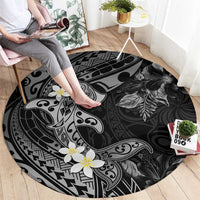 Polynesia Hammerhead Shark Round Carpet Tropical Flowers Tribal Pattern Black