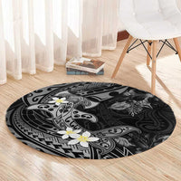 Polynesia Hammerhead Shark Round Carpet Tropical Flowers Tribal Pattern Black