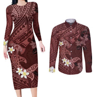 Polynesia Hammerhead Shark Couples Matching Long Sleeve Bodycon Dress and Long Sleeve Button Shirt Tropical Flowers Tribal Pattern Oxblood