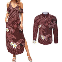 Polynesia Hammerhead Shark Couples Matching Summer Maxi Dress and Long Sleeve Button Shirt Tropical Flowers Tribal Pattern Oxblood