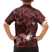 Polynesia Hammerhead Shark Family Matching Short Sleeve Bodycon Dress and Hawaiian Shirt Tropical Flowers Tribal Pattern Oxblood