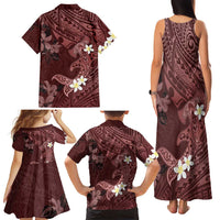 Polynesia Hammerhead Shark Family Matching Tank Maxi Dress and Hawaiian Shirt Tropical Flowers Tribal Pattern Oxblood