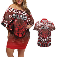 Personalised New Zealand Aotearoa Couples Matching Off Shoulder Short Dress and Hawaiian Shirt Te Reo Maori Ake Ake Ake - Polynesian Pride