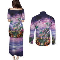 Happy Hulaween Couples Matching Puletasi and Long Sleeve Button Shirt Mahaloween Skeleton Dancing
