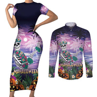 Happy Hulaween Couples Matching Short Sleeve Bodycon Dress and Long Sleeve Button Shirt Mahaloween Skeleton Dancing