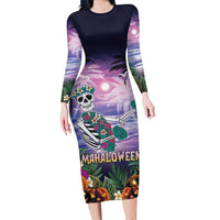 Happy Hulaween Family Matching Long Sleeve Bodycon Dress and Hawaiian Shirt Mahaloween Skeleton Dancing LT05 Mom's Dress Purple - Polynesian Pride