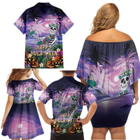 Happy Hulaween Family Matching Off Shoulder Short Dress and Hawaiian Shirt Mahaloween Skeleton Dancing