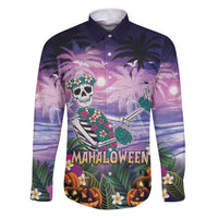 Happy Hulaween Family Matching Puletasi and Hawaiian Shirt Mahaloween Skeleton Dancing LT05 Dad's Shirt - Long Sleeve Purple - Polynesian Pride