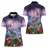 Happy Hulaween Women Polo Shirt Mahaloween Skeleton Dancing