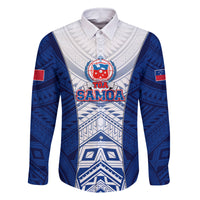 Custom Samoa Rugby Family Matching Off Shoulder Long Sleeve Dress and Hawaiian Shirt 2023 Pacific Championships Polynesian Pattern LT05 Dad's Shirt - Long Sleeve Blue - Polynesian Pride