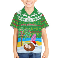 Personalised Cook Islands Christmas Family Matching Off Shoulder Long Sleeve Dress and Hawaiian Shirt Coconut Santa Beach Style LT05 Son's Shirt Green - Polynesian Pride