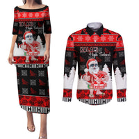 Custom Hawaii Kalani High School Christmas Couples Matching Puletasi Dress and Long Sleeve Button Shirt Tropical Santa Claus LT05 Red - Polynesian Pride