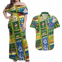 Solomon Islands Christmas Couples Matching Off Shoulder Maxi Dress and Hawaiian Shirt Festive Beach Vibes LT05 Green - Polynesian Pride