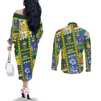Solomon Islands Christmas Couples Matching Off The Shoulder Long Sleeve Dress and Long Sleeve Button Shirt Festive Beach Vibes LT05 - Polynesian Pride