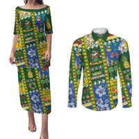 Solomon Islands Christmas Couples Matching Puletasi and Long Sleeve Button Shirt Festive Beach Vibes - Polynesian Pride