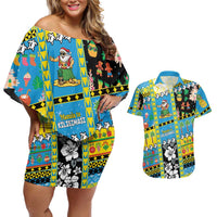 Tuvalu Christmas Couples Matching Off Shoulder Short Dress and Hawaiian Shirt Festive Beach Vibes LT05 Blue - Polynesian Pride