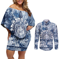 Samoa 685 Couples Matching Off Shoulder Short Dress and Long Sleeve Button Shirt Polynesian Pattern Tie Dye Style