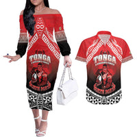 Custom Rugby Tonga MMT Couples Matching Off The Shoulder Long Sleeve Dress and Hawaiian Shirt Mana O Tonga - Polynesian Pride