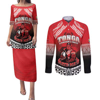Custom Rugby Tonga MMT Couples Matching Puletasi and Long Sleeve Button Shirt Mana O Tonga LT05 Red - Polynesian Pride