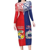Custom Rugby Samoa And Tonga Long Sleeve Bodycon Dress Toa Samoa With Mate Maa LT05 Long Dress Multicolor - Polynesian Pride