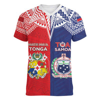 Custom Rugby Samoa And Tonga Women V-Neck T-Shirt Toa Samoa With Mate Maa LT05 Female Multicolor - Polynesian Pride