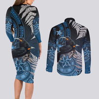 New Zealand Huia Bird Couples Matching Long Sleeve Bodycon Dress and Long Sleeve Button Shirt Aotearoa Maori Pattern LT05 - Polynesian Pride