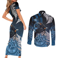 New Zealand Huia Bird Couples Matching Short Sleeve Bodycon Dress and Long Sleeve Button Shirt Aotearoa Maori Pattern LT05 - Polynesian Pride