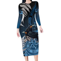 New Zealand Huia Bird Family Matching Long Sleeve Bodycon Dress and Hawaiian Shirt Aotearoa Maori Pattern LT05 Mom's Dress Navy - Polynesian Pride