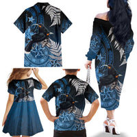 New Zealand Huia Bird Family Matching Off The Shoulder Long Sleeve Dress and Hawaiian Shirt Aotearoa Maori Pattern