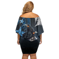New Zealand Huia Bird Family Matching Off Shoulder Short Dress and Hawaiian Shirt Aotearoa Maori Pattern LT05 - Polynesian Pride