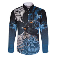 New Zealand Huia Bird Family Matching Short Sleeve Bodycon Dress and Hawaiian Shirt Aotearoa Maori Pattern LT05 Dad's Shirt - Long Sleeve Navy - Polynesian Pride