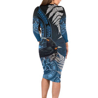 New Zealand Huia Bird Long Sleeve Bodycon Dress Aotearoa Maori Pattern