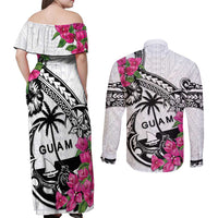 Guam Chamorro Couples Matching Off Shoulder Maxi Dress and Long Sleeve Button Shirt Bougainvillea White Polynesian Tribal Pattern
