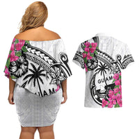 Guam Chamorro Couples Matching Off Shoulder Short Dress and Hawaiian Shirt Bougainvillea White Polynesian Tribal Pattern