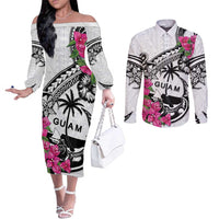 Guam Chamorro Couples Matching Off The Shoulder Long Sleeve Dress and Long Sleeve Button Shirt Bougainvillea White Polynesian Tribal Pattern