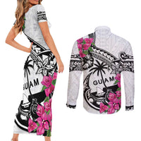 Guam Chamorro Couples Matching Short Sleeve Bodycon Dress and Long Sleeve Button Shirt Bougainvillea White Polynesian Tribal Pattern