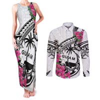 Guam Chamorro Couples Matching Tank Maxi Dress and Long Sleeve Button Shirt Bougainvillea White Polynesian Tribal Pattern