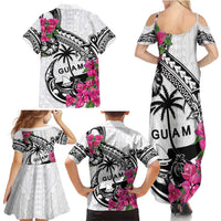 Guam Chamorro Family Matching Summer Maxi Dress and Hawaiian Shirt Bougainvillea White Polynesian Tribal Pattern