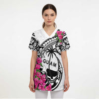 Guam Chamorro Scrub Top Bougainvillea White Polynesian Tribal Pattern - Polynesian Pride