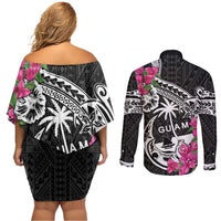 Guam Chamorro Couples Matching Off Shoulder Short Dress and Long Sleeve Button Shirt Bougainvillea Black Polynesian Tribal Pattern